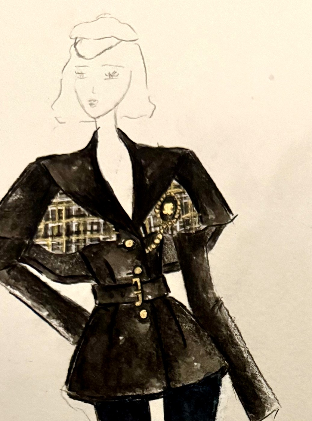 Hand-painted fashion illustration of the signature tailoring-cape with gold buttons and belt
