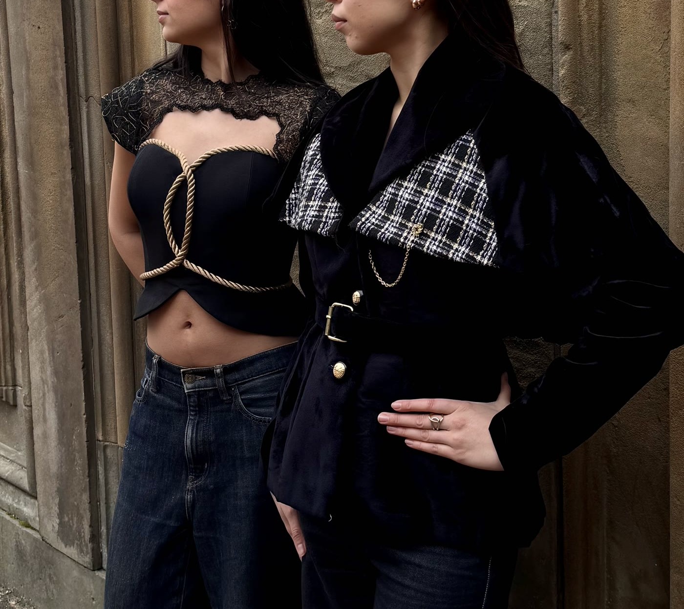 The Veste-Cape n° I in black cotton velvet with a black, white and gold tweed pèlerine, worn in Paris