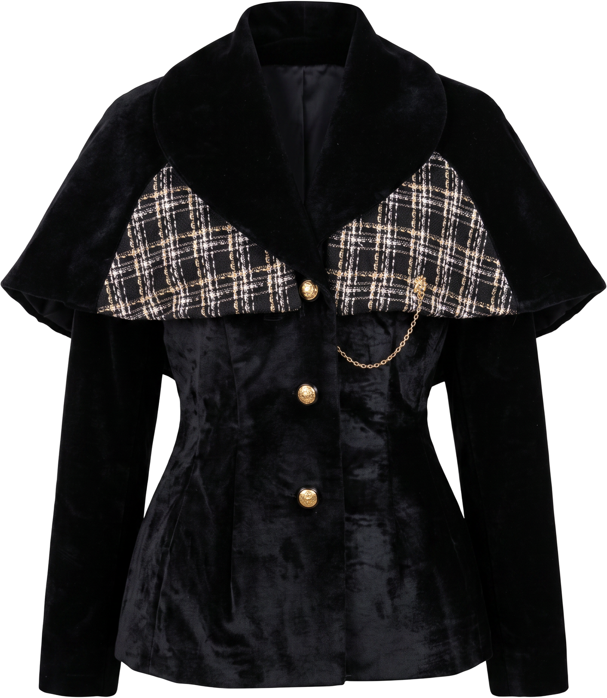 The veste-cape worn without its belt, falling loose from the shoulders